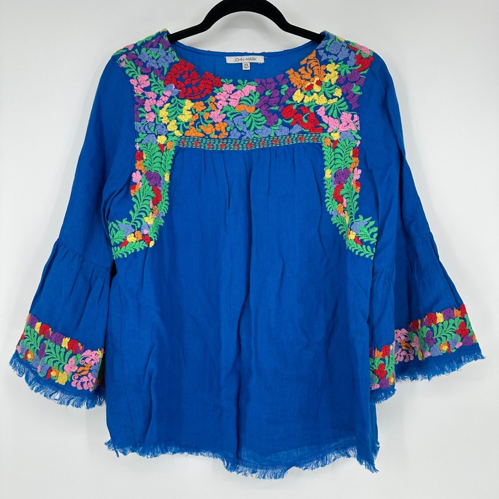 John Mark Royal‎ Blue 100% Linen Multi Floral Embroidered Bell Sleeve Blouse XS